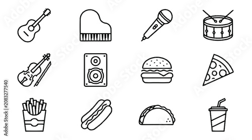 Food and music icons including guitar, microphone, and burger on display