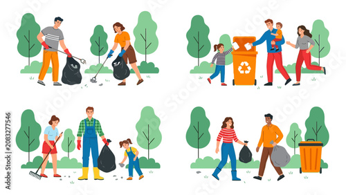 Volunteers and families work together in a park to clean up trash and promote environmental care.