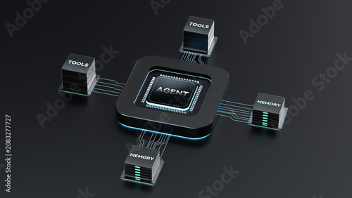 Realistic 3D render of central AGENT labeled microchip connected to separate TOOLS and MEMORY stack modules with glowing blue circuit traces on dark matte futuristic black background