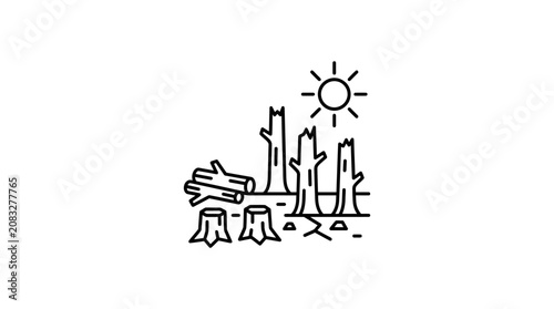 Deforestation concept: illustration of chopped trees, stumps and barren land under the sun