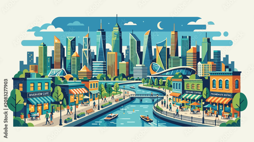 Fototapeta premium Panoramic view of a modern fictional metropolitan skyline with tall skyscrapers and urban architecture