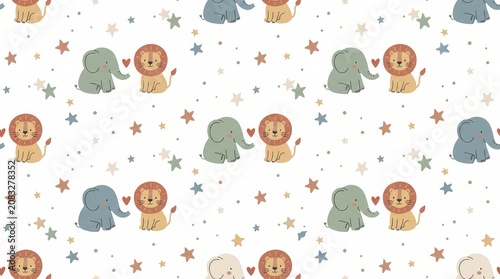 Seamless pattern of gentle cartoon elephants and lions with hearts and stars on white