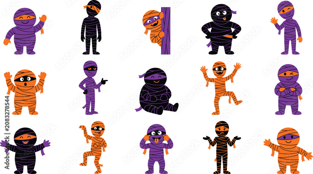 Naklejka premium Halloween mummy cartoon character set, 15 cute mummy icons in purple and orange, spooky monster vector illustrations for kids party decor