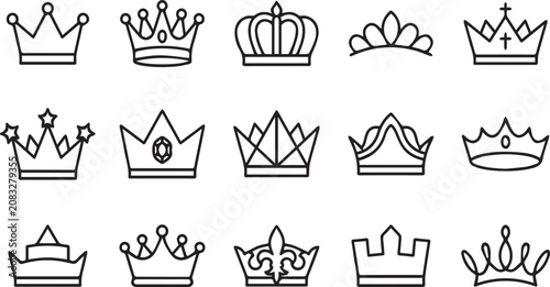 Canvas Print Set of fifteen hand drawn outline crowns and tiaras, queen and king crown icon collection