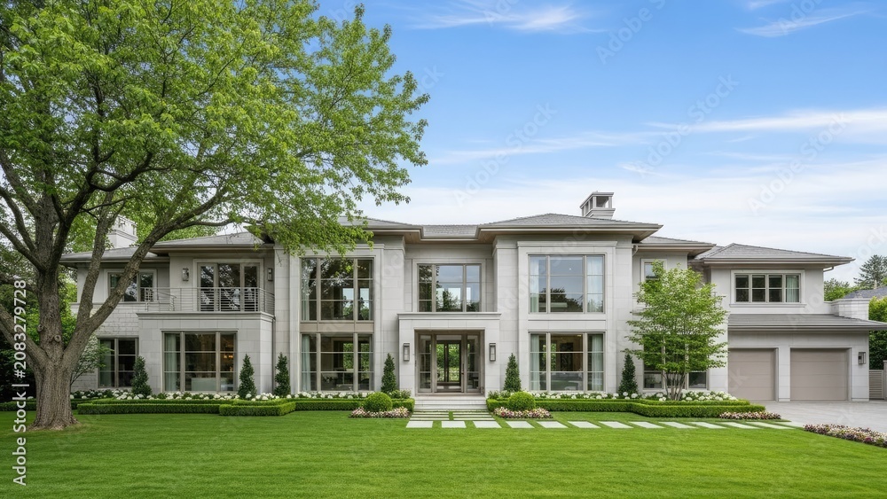 Fototapeta premium Grand white colonial mansion with manicured green lawn.