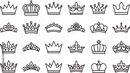 Tablou pe pânză Set of twenty-five hand drawn outline crowns and tiaras, queen and king crown icon collection