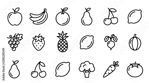 Foto A colorful illustration of various fruits and vegetables drawn in black lines on a white background featuring apples, bananas, pears, and broccoli