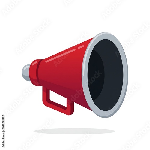 A vibrant red megaphone vector illustration with a grey trim and black interior, perfect for representing announcements, marketing alerts, or amplifying voices.