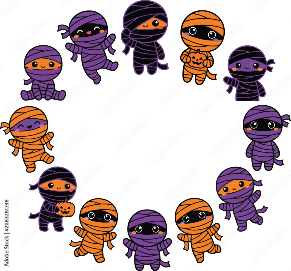 Fototapeta premium Kawaii Halloween mummy wreath illustration, cute cartoon mummy characters in purple and orange, spooky circular frame border for invitations