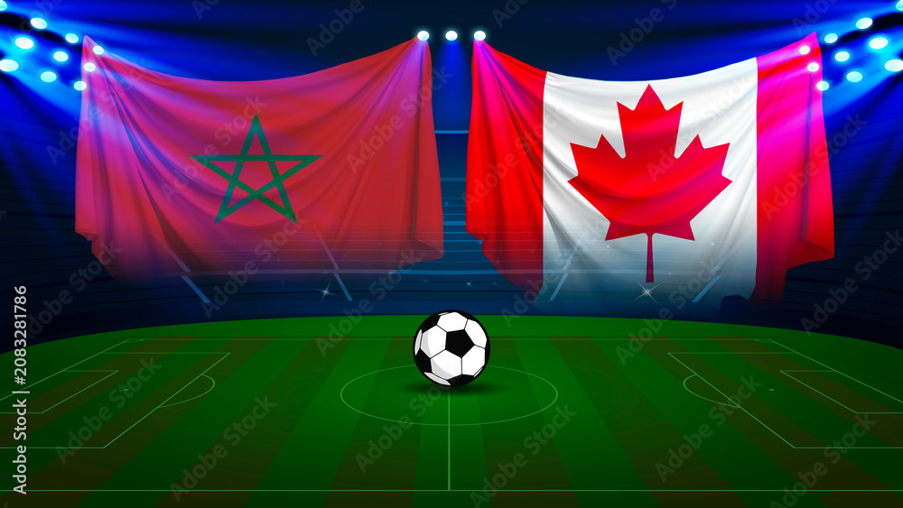 Naklejka premium Morocco and Canada flags with soccer ball on green field