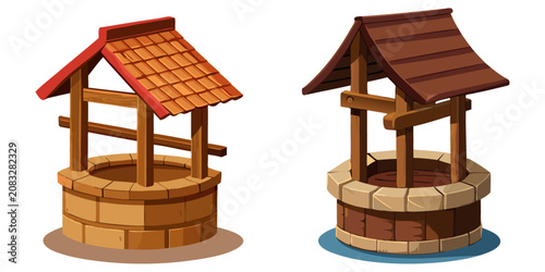 A beautiful pair of rustic stone and wooden water wells with protective roofs in an illustrated cartoon game asset style.