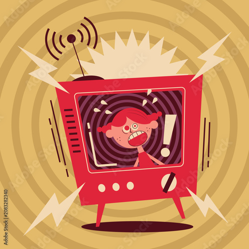 Photos Retro flat vector illustration of a panicked girl inside a vibrating retro TV screen with hypnosis spirals and lightning bolts