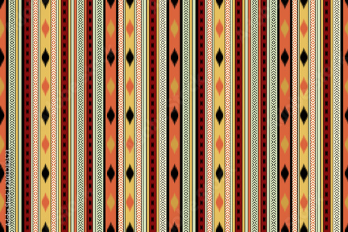 Obraz na plátně geometrical solid modern textile illustrations design, arrangement with monochrome vertical lines and curved batik shape pattern, all-over seamless pattern with orange and yellow color digital prints