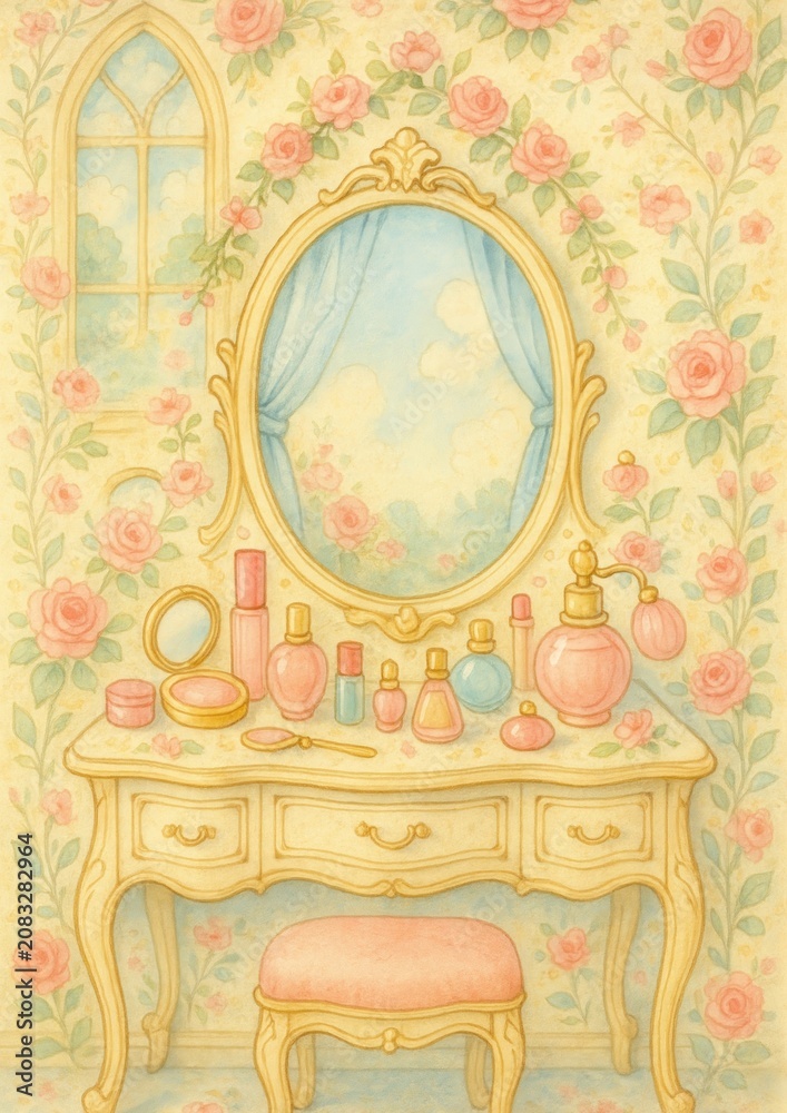 Obraz premium Vintage vanity floral wallpaper elegance.