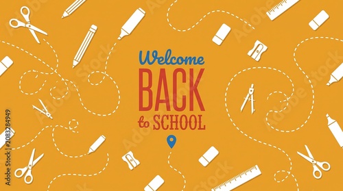 A vibrant yellow back-to-school banner featuring school supply doodles like scissors, rulers, and pencils surrounding a cheerful 