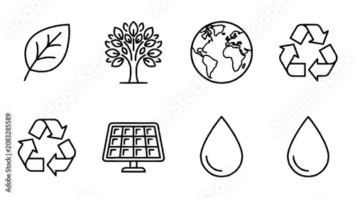 Fotografía Eco friendly symbols and icons including leaf, tree, earth, recycling, solar pan