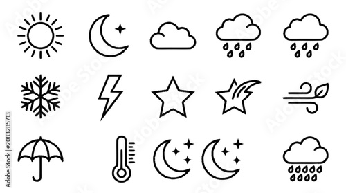 Tableau sur toile Weather forecast icons display various symbols for sun, moon, clouds, rain, snow, and temperature on a white background with eps file reference (740)