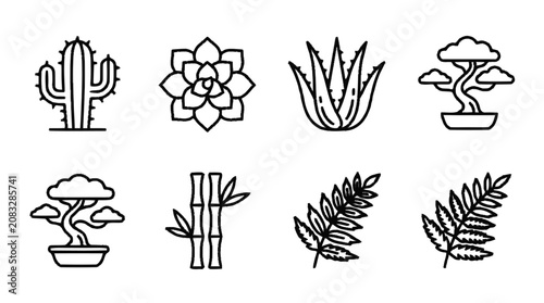 Obraz na płótnie A collection of various plant icons including cactus, flower, aloe, bonsai trees, bamboo, and ferns, all in line art style