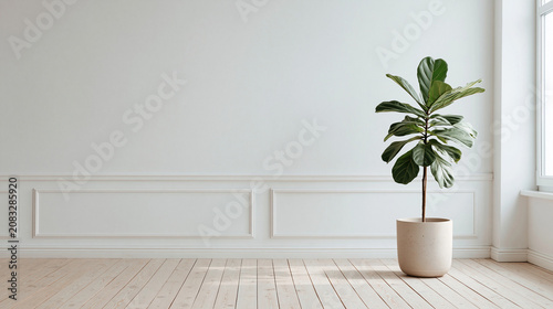 A green potted plant stands near a window in a bright room with an empty white wall and wooden floor