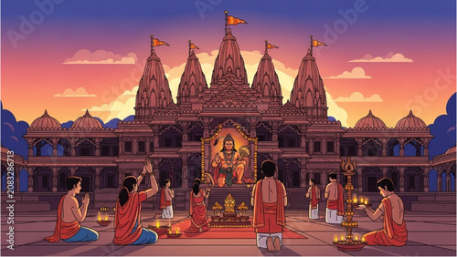Tableau sur toile People gather at temple with priests performing rituals during sunset