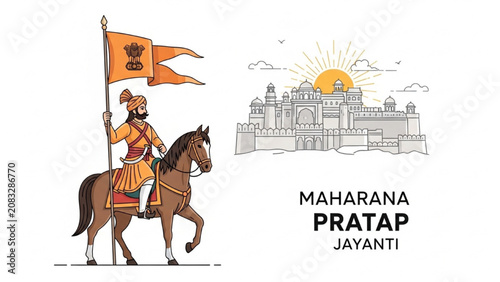 Foto Maharana Pratap rides horse with flag near historic fort at sunrise