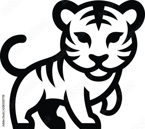 Tiger Head Icon with Bold Black Outline and Friendly Facial Features for Wildlife Branding and Vector Design