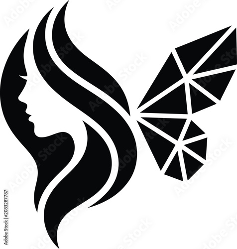 Woman Face Icon with Black Wing Shapes and Geometric Sparkle Elements in High Contrast Vector Style Featuring Profile, Feather