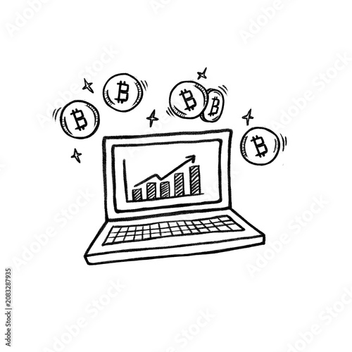 illustration of a laptop displaying a rising market chat surrounded by bitcoin coins in black and white, representing cryptocurrency trading, digital investment, blockchain, and financial growth.