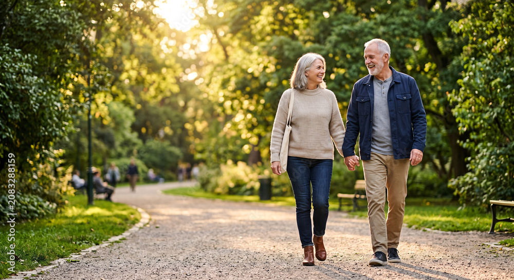 Obraz premium Happy senior couple walking hand in hand in sunny autumn park
