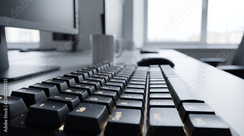 Close-up of a black computer keyboard on a modern office desk with a blurred workplace background