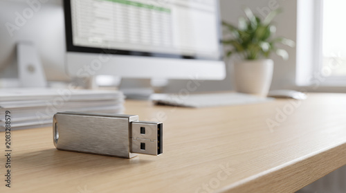 Metallic USB flash drive on a wooden desk with a blurred computer monitor and office background