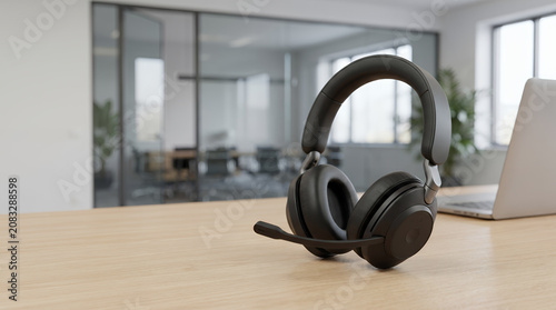 Modern wireless office headset with microphone on a wooden desk with a blurred workplace background