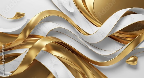 Abstract 3D white and gold flowing ribbon waves background.