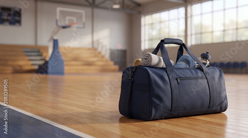 Blue sports duffel bag packed with towels and a water bottle on a hardwood court inside an empty gymnasium