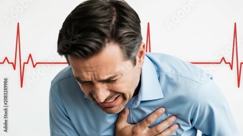 Man experiencing chest pain, signifying potential heart attack or cardiovascular disease, demanding urgent medical attention and prevention strategies for heart health support.