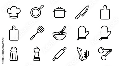 Konstfotografi A collection of kitchen utensils and tools icons for cooking recipes displayed