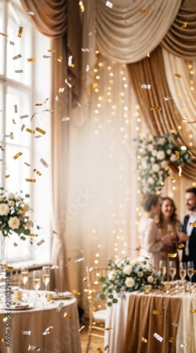 Festive wedding hall with gold confetti falling and guests celebrating in blurred background