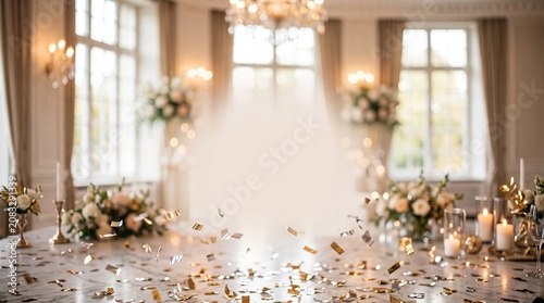 Elegant luxury wedding ballroom with festive gold confetti and floral arrangements on the table