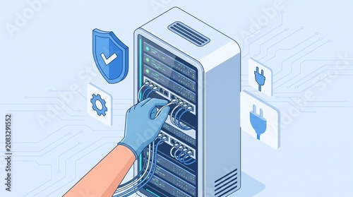 Hand connecting cable to server rack, flat vector illustration