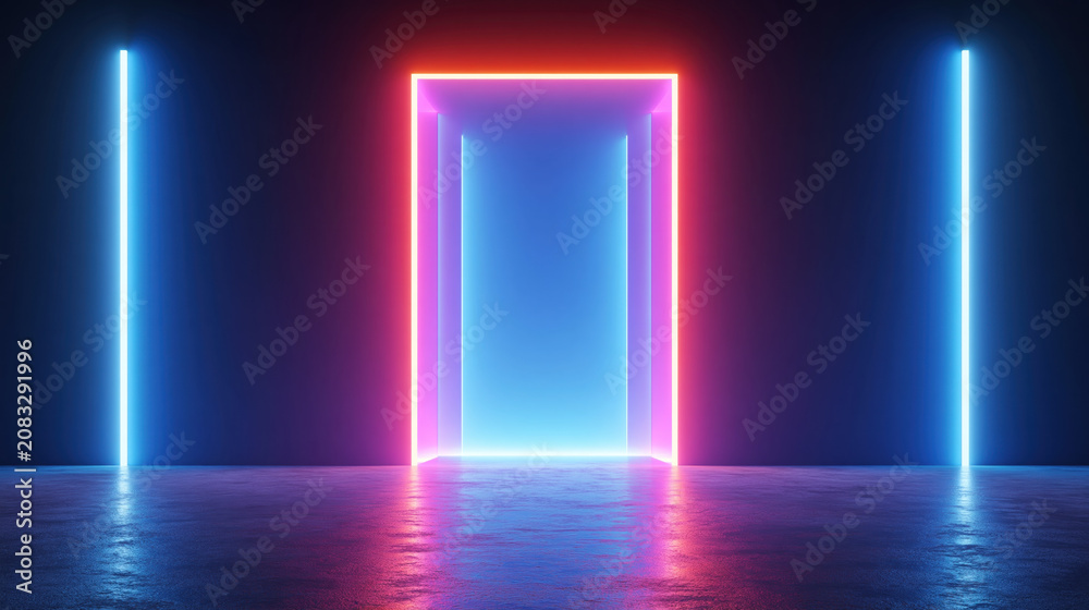 Fototapeta premium Neon door in dark room with blue and pink light and reflective floor digital render abstract space futuristic corridor glowing frame luminous wall modern interior empty room purple light blue light