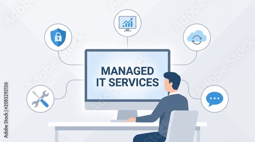 Businessman viewing IT services screen, flat vector illustration.