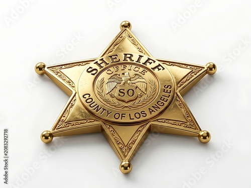 Golden sheriff badge with intricate design and embossed details isolated on transparent background