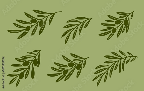 Decorative olive branches set silhouettes with olives and leaves