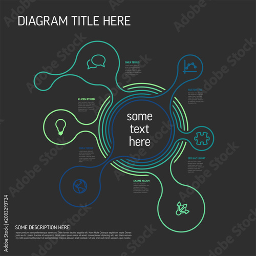 A dark infographic circle diagram template featuring thin line icons and creative connections. This circle diagram is perfect for business process visualization and layouts.
