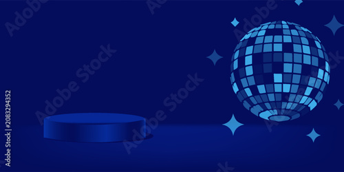 Bild auf Leinwand Abstract blue product podium background with a retro sparkling disco ball and stars