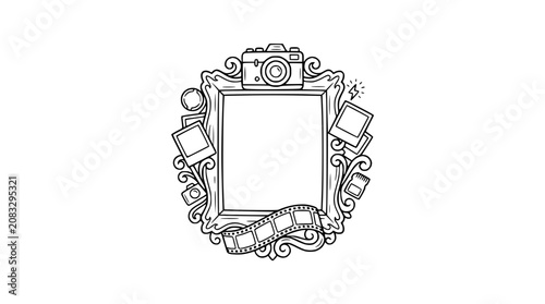 Retro Camera Photo Frame with Film Strip and Polaroids - Hand Drawn Illustration