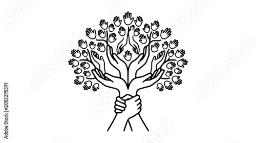 Hands forming tree with hands and palms as leaves, symbolizing growth, unity, and community