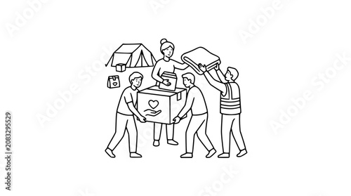 Volunteers Helping Community, Donation Box and Tent, Outline Illustration