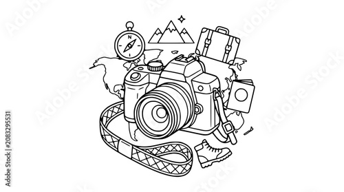 Adventure Photography Travel Gear: Camera, Compass, Passport, Suitcase, Map, Boots