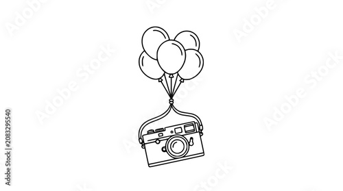 Retro camera floating with balloons, minimalist line art, vector illustration